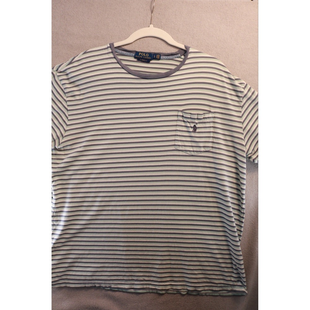Polo Ralph Lauren T-Shirt Mens L Classic Fit Striped Green Gray Pocket Tee